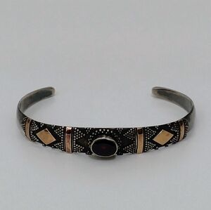 Vintage Sterling Silver 925 Gold Accents Ruby Stone Cuff Bracelet